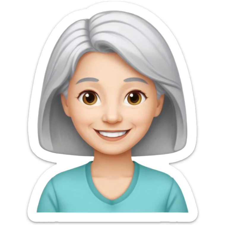 a Woman, mid 50 with light grey hair, wearing a pampers for adults sticker