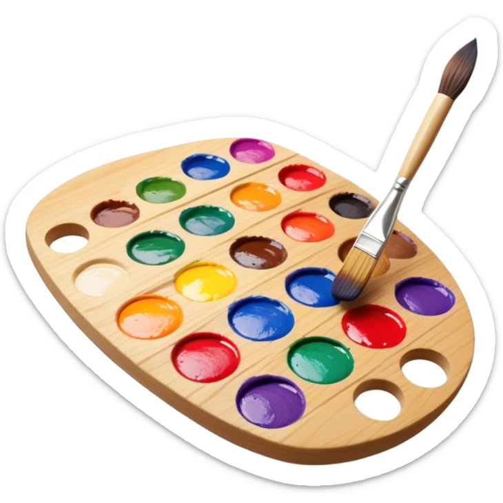 Cinematic Realistic image of a vibrant paint palette and brush, featuring a wooden palette smeared with an array of richly blended colors and a finely detailed brush with soft, delicate bristles, set against a softly textured background that evokes artistic inspiration sticker