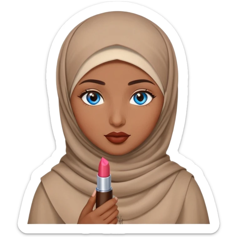 Turkish beautiful finish Konya girl blue eyes with brown beige hijab islamic dress and had on her hand lipstick sticker