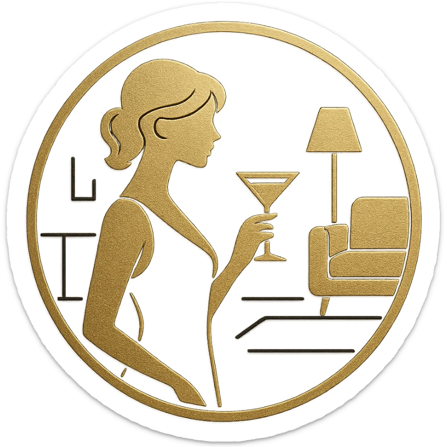 circular logo with a golden silhouette of a woman holding a martini glass, set against a black background with minimalistic modern interior elements like a couch and lamp. Vector-style, clean lines, embossed metallic effect sticker