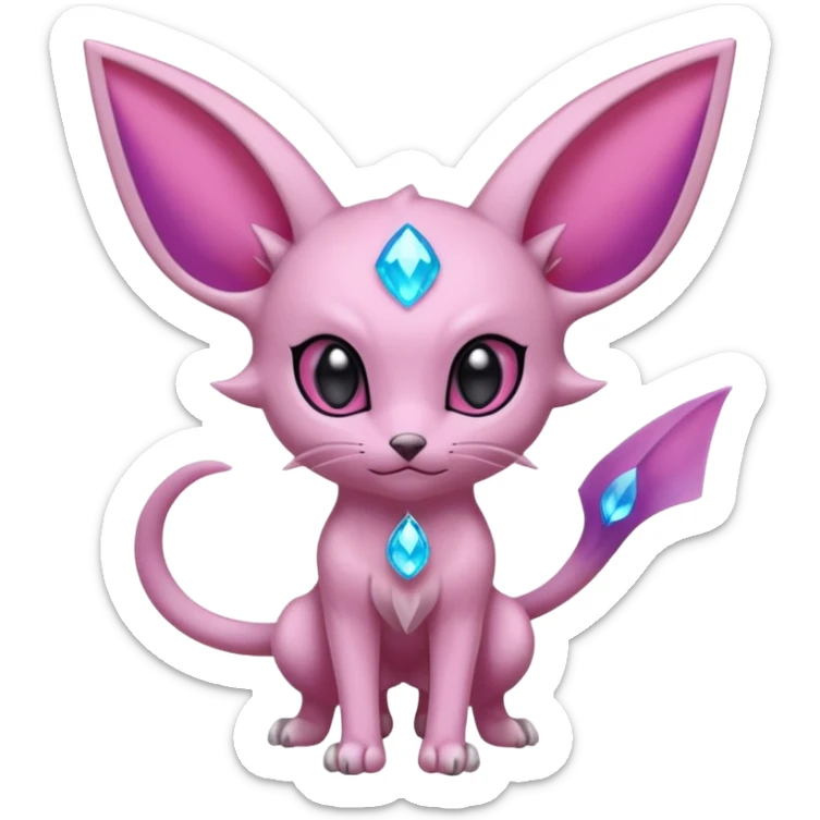 Espeon pokemon light pink body color with dark pink jewel in middle of forehead, spilt at end tail, two ear like flaps coming out 
of cheeks, inside of big pointy ears is blue
 
(full body) sticker