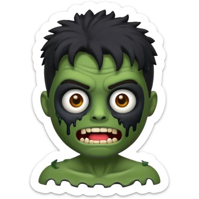 Quero um emoji de zumbi masculino, com cabelo preto, estilo desenho 3D como emoji, na mesma pose com as mãos levantadas para frente, expressão de zumbi com boca aberta e olhos meio caídos, pele verde acinzentada e roupa rasgada sticker