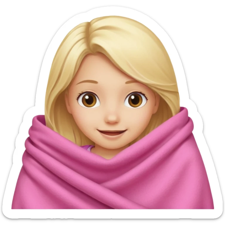 smiling blonde girl peeking out of a pink blanket sticker