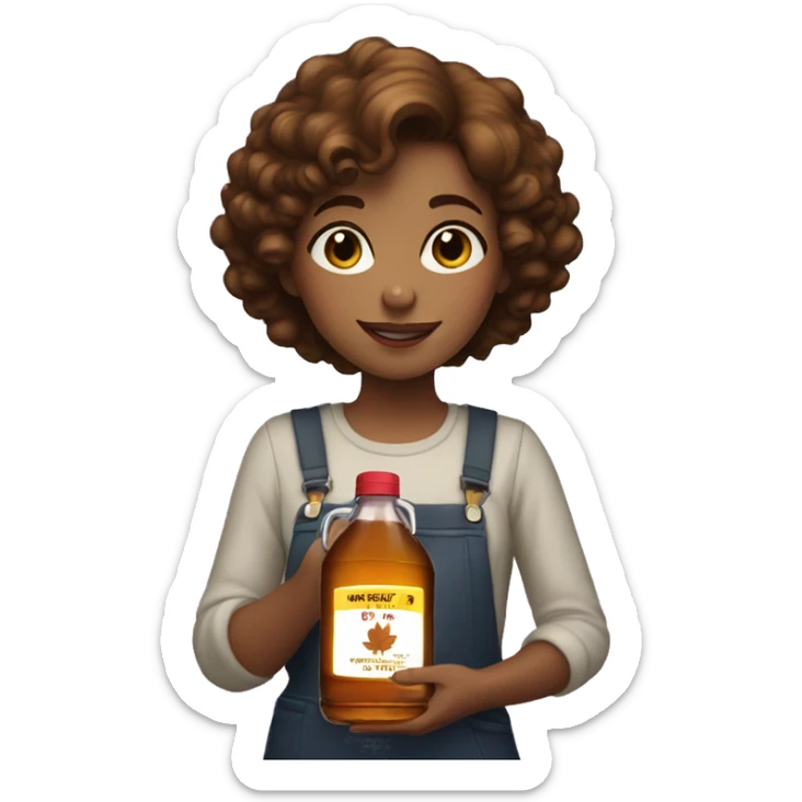 girl with short brown curly hair ,hlding a bottle of maple syrup sticker
