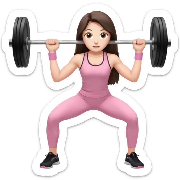 white happy brunette teen long hair with hazel eyes in light pink workout clothes holding a barbell bending over sticker