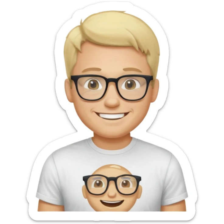portrait of adult man no old man, wearing a t-shirt, square glasses, grinning face, blond hair sticker