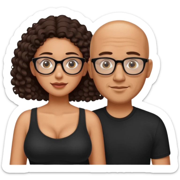 A picture of a tanned couple. the man is a Mexican man with tanned skin, with a bald hair cut, short beard and wearing a black shirt. the woman is wearing rectangle shaped glasses, with long curly dark brown hair and with big boobs  sticker