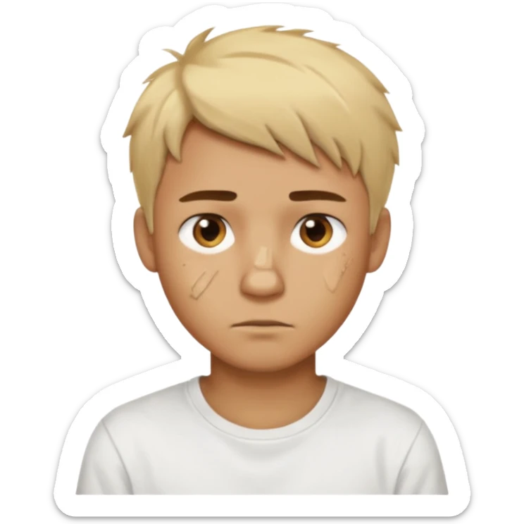 Male with short, messy blonde hair, large expressive golden-brown eyes, brown skin color, scar over nose, wearing a plain white t-shirt. sticker