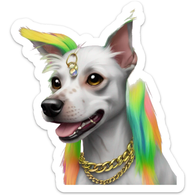 Punk Chinese crested dog neon rainbow hair gold chain punk piercings tattoos punk ear piercings sticker