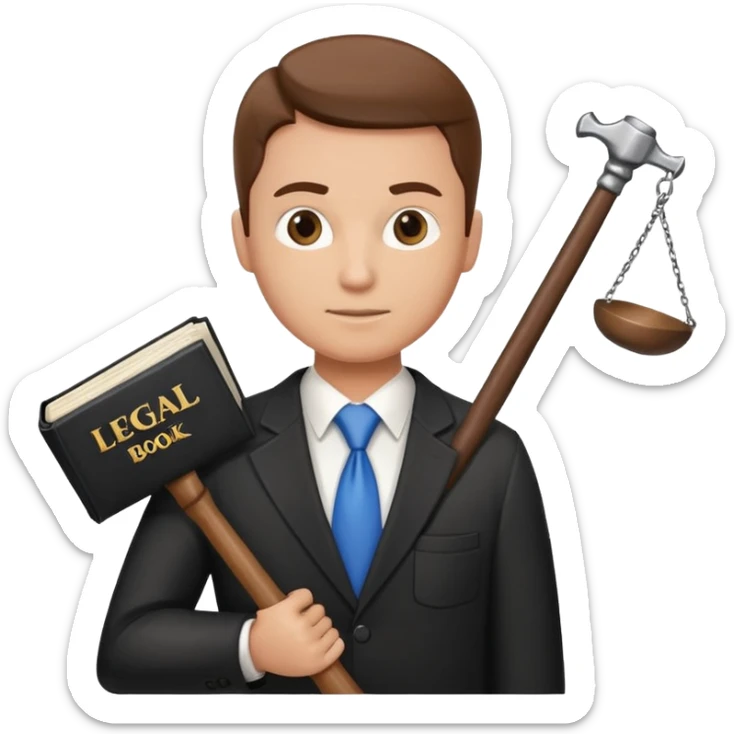 Create an emoji symbolizing the legal support of the business and financial assistance from accountants. The image should combine the image of a lawyer with a hammer of justice and an accounting book next to the logo of a reliable company protecting the interests of business. sticker
