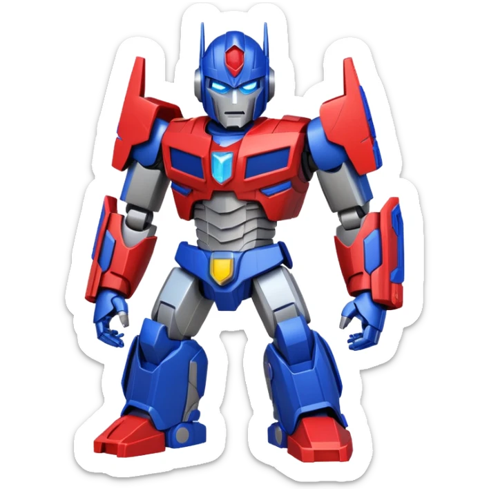 Optimus Prime stylized emoji character, bold colors, metallic details, heroic pose sticker