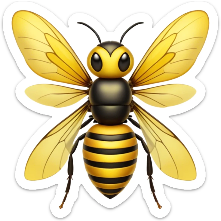 Cinematic Noble Hornet Portrait Emoji, Poised and intimidating, with a sleek, segmented body in bold yellow and black hues, sharp, focused eyes, and delicate, translucent wings, Simplified yet sharp and sophisticated features, highly detailed, glowing with a soft, insectile radiance, high shine, intelligent and formidable, stylized with an air of natural authority, focused and alert, soft glowing outline, capturing the essence of a watchful and confident hornet that appears ready to buzz out of the screen with effortless power! sticker