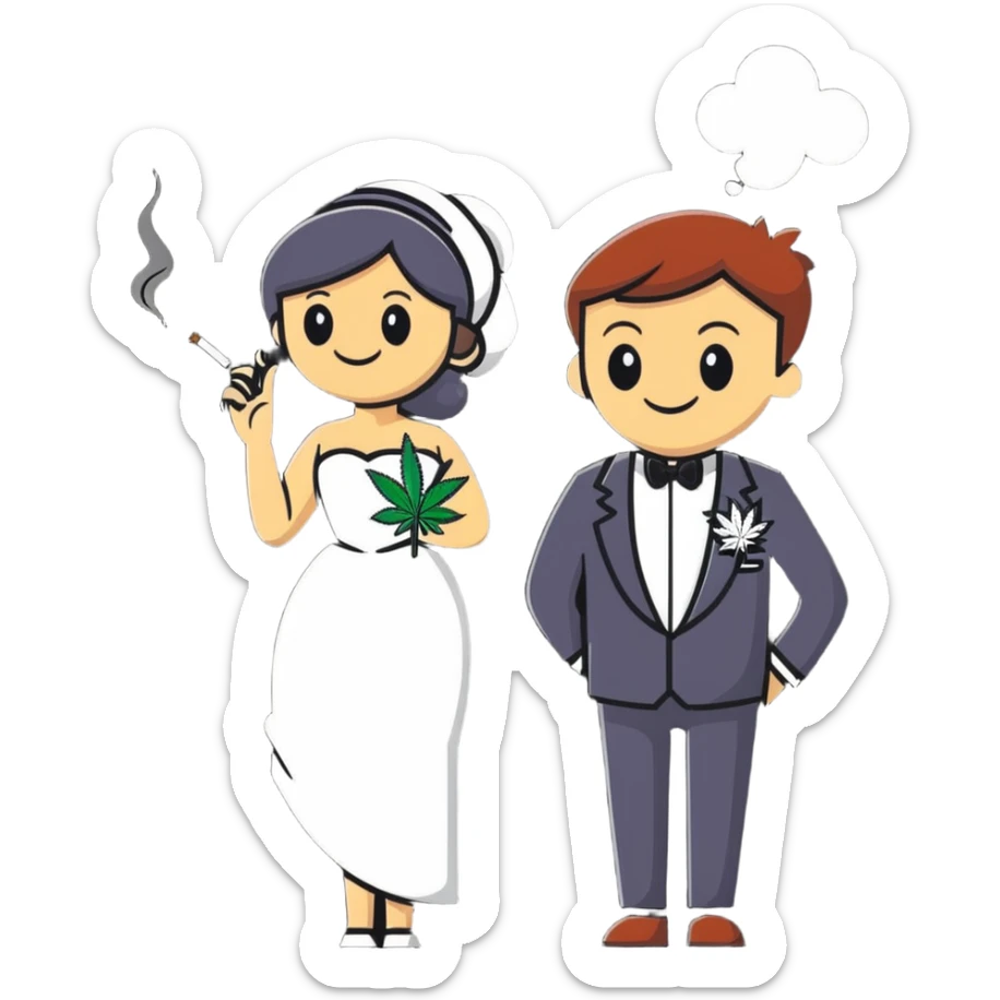 Full body view of person in fancy clothes sneaking into a wedding ceremony with a mischievous grin, uninvited guest, smoking cannabis sticker