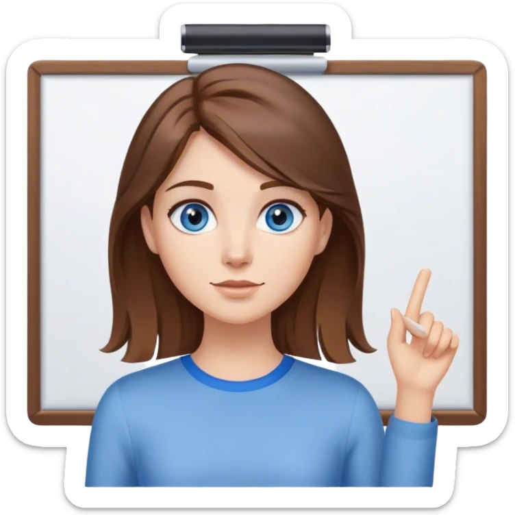 a young woman brown hair and blue eyes, with a clip in her hair and presenting on a white board sticker