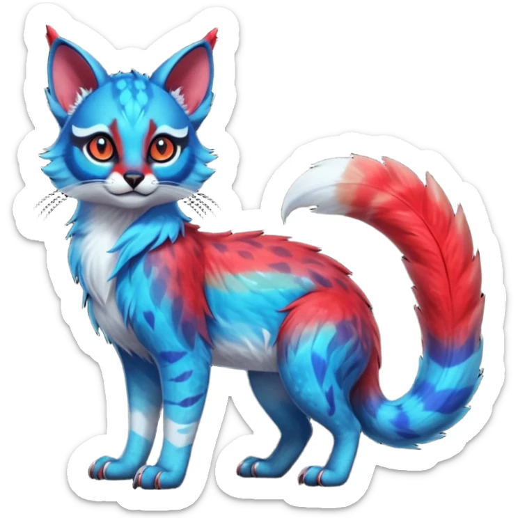 Cute kawaii cool edgy badass  vibrant cyan-cobalt-blue-to-crimson-red gradient-colored iridescent glossy fur  fantasy-caracal-civet-genet-sergal-vernid-Gryphon-Cacomistle-Trico-oncilla-animal-Fakémon-hybrid-fursona (full body), facial markings, (realism style) sticker