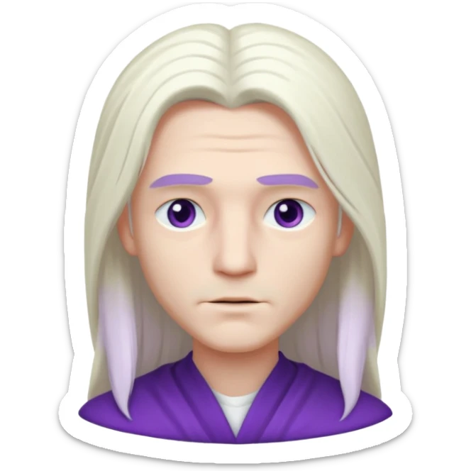 Beyaz uzun ve düz saçları olan,mor göz rengi olan, bembeyaz tenli bir erkek,genç,gözleri hafif çekik ve saçları da teni de bembeyaz olacak,genç olacak,kırışıklığı olmayacak,gözleri çekik ve mor renk olacak,alnında kırışıklık olmayacak,saçı daha beyaz olsun,genç olacak sticker
