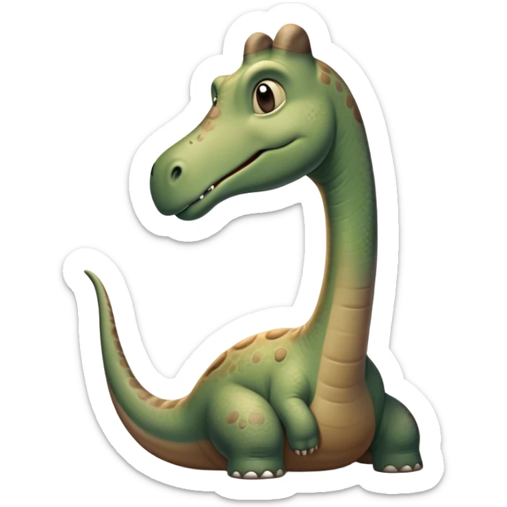 Beautiful and Majestic Brontosaurus Portrait Emoji, Head and body rendered in serene repose with a gentle, confident smile, showcasing its enormous, graceful neck and a massive, textured form with eyes softly closed in tranquil repose, Simplified yet exquisitely endearing features, highly detailed, glowing with a soft, drowsy ancient light, high shine, relaxed and utterly majestic, stylized with an air of timeless prehistoric splendor, soft glowing outline, capturing the essence of a beautiful and majestic Brontosaurus that embodies the serene power of the ancient world! sticker