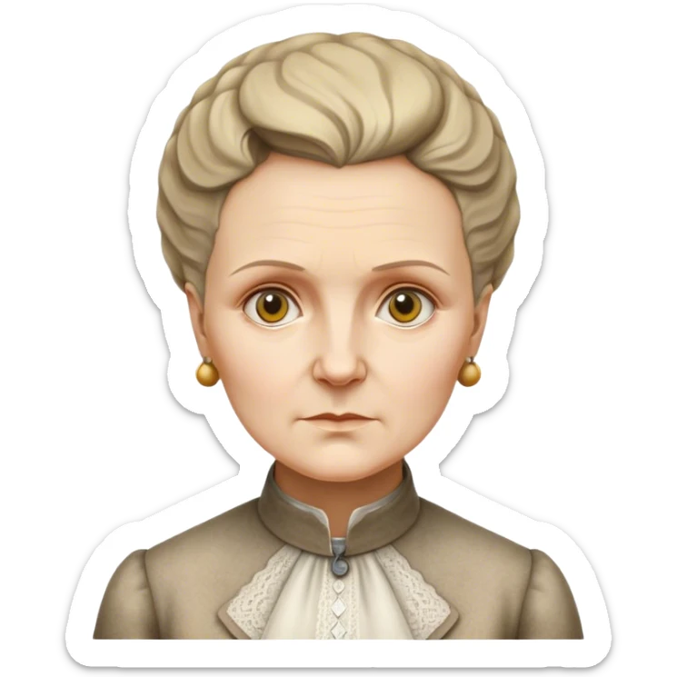 Cinematic Realistic Marie Curie Portrait Emoji, depicted as a pioneering scientist with a determined gaze in period attire, rendered with detailed textures and soft intellectual lighting that captures her groundbreaking legacy. sticker