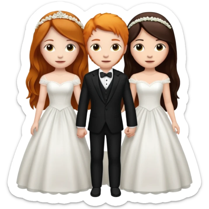 two girls getting married. one ginger with long hair in a BLACK SUIT. one DARK Haired brunette in a WEDDING dress sticker