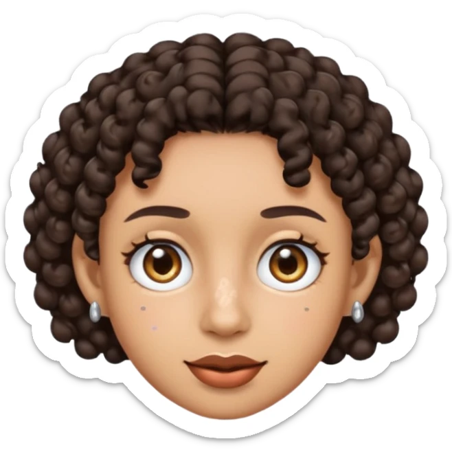an emoji with a mixed skin color, short dark brown curly hair with 2 silver stud earrings on both ears and 2 slits on each eyebrow sticker