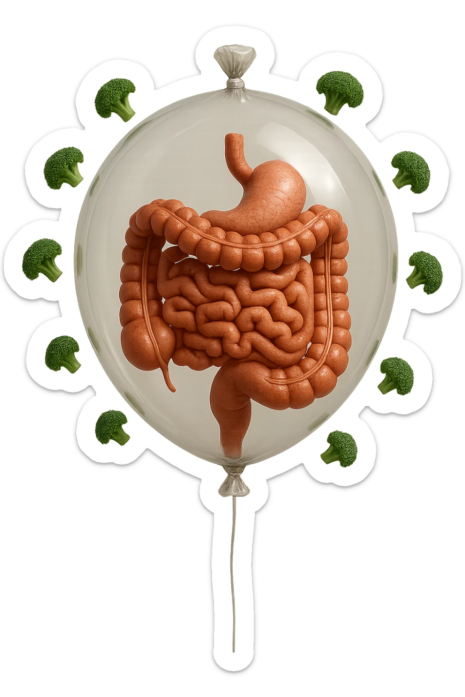 palloncino con intestino umano anatomico all'interno, attorno al quale fluttuano dei broccoletti, iperrealistico 4k sticker