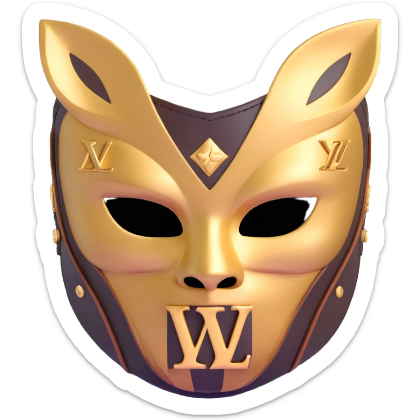 high fashion Louis Vuitton luchador mask with gold LV logos and luxury leather texture sticker