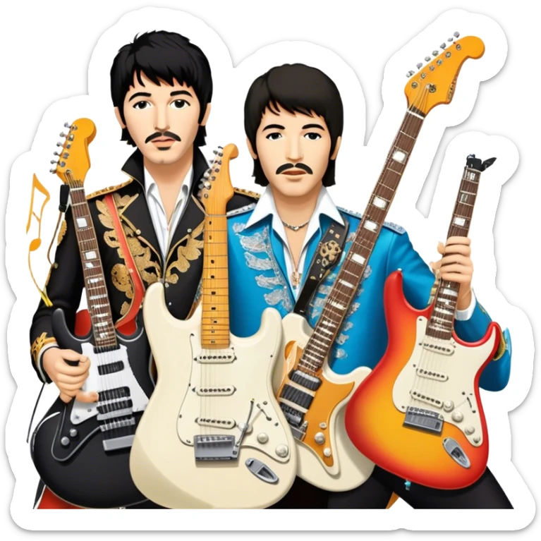Rock music icon: collage of legendary rock stars—The Beatles, Jimi Hendrix, Elvis Presley, Queen, Nirvana, Led Zeppelin. Electric guitars, amplifiers, and microphones surrounded by vibrant stage lights and musical notes. Transparent background. sticker