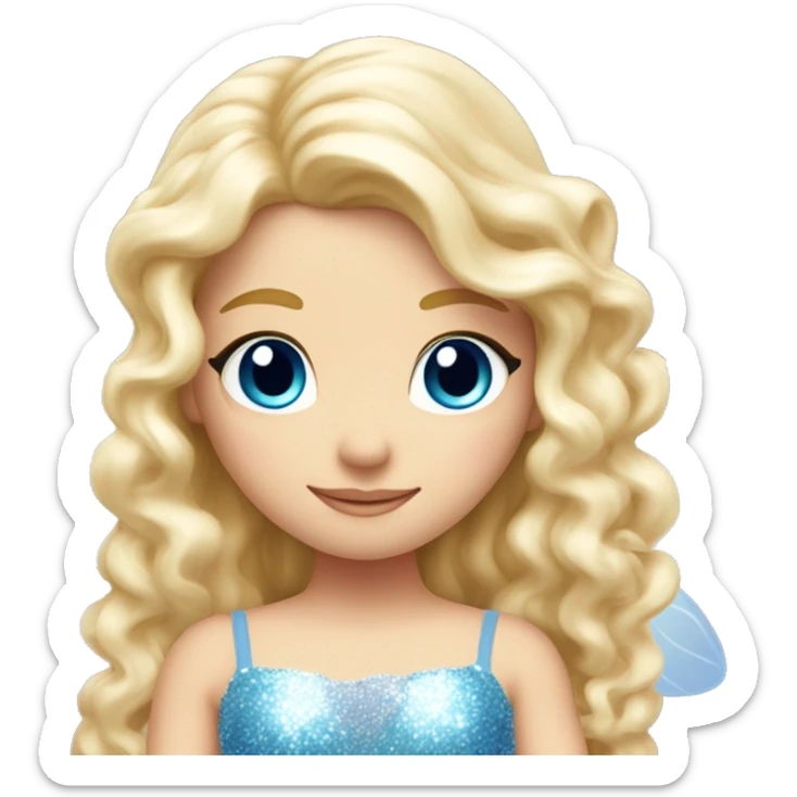 Create a blonde haired fairy with blue eyes and a pink dress with sparkly wings. White wings. The fairy has long, curly hair with a lot of volume sticker