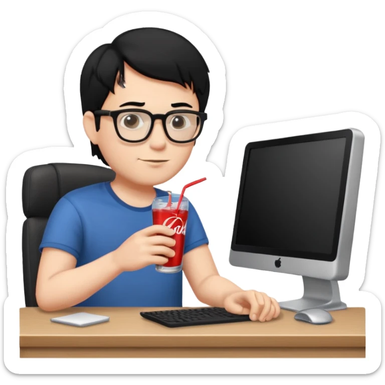 Hombre blanco con gafas, pelo negro tomando un refresco frente a un ordenador con ropa de sport sticker