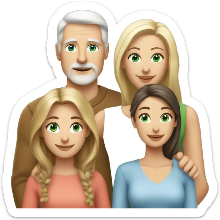 Family. White 60 year old man with dark hair and blue eyes. 60 year old woman with light brown hair and green eyes. Two 25 year old daughters with blonde hair and grey eyes  sticker