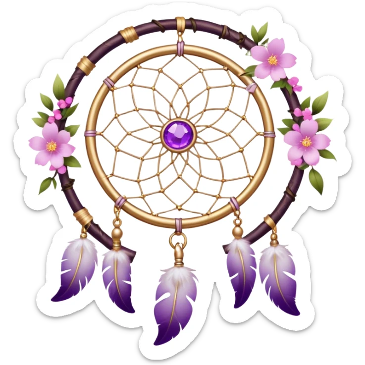 A white Dreamcatcher with purple-round-orb-stones, gold-ring-accents, purple tint flowers, pink sakura flowers, sticker