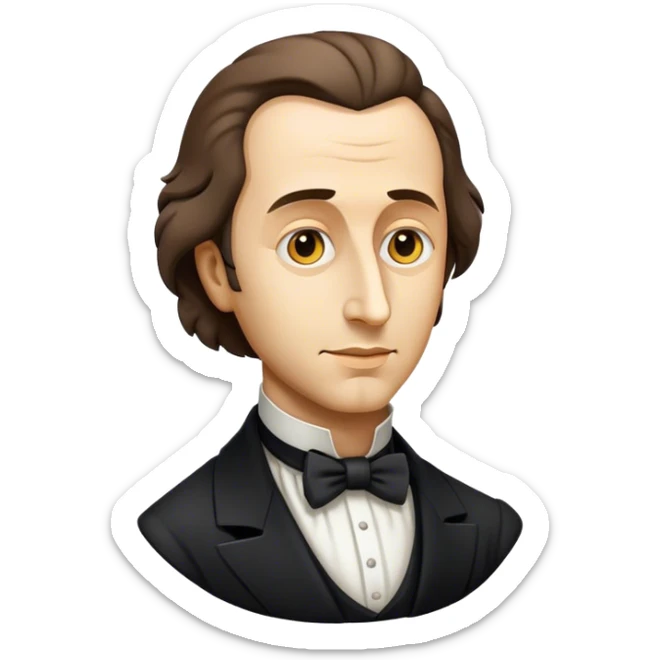 Cinematic Realistic Chopin Pop Culture Emoji, featuring an evocative portrayal of the legendary composer rendered with delicate textures and emotive, dynamic lighting. sticker