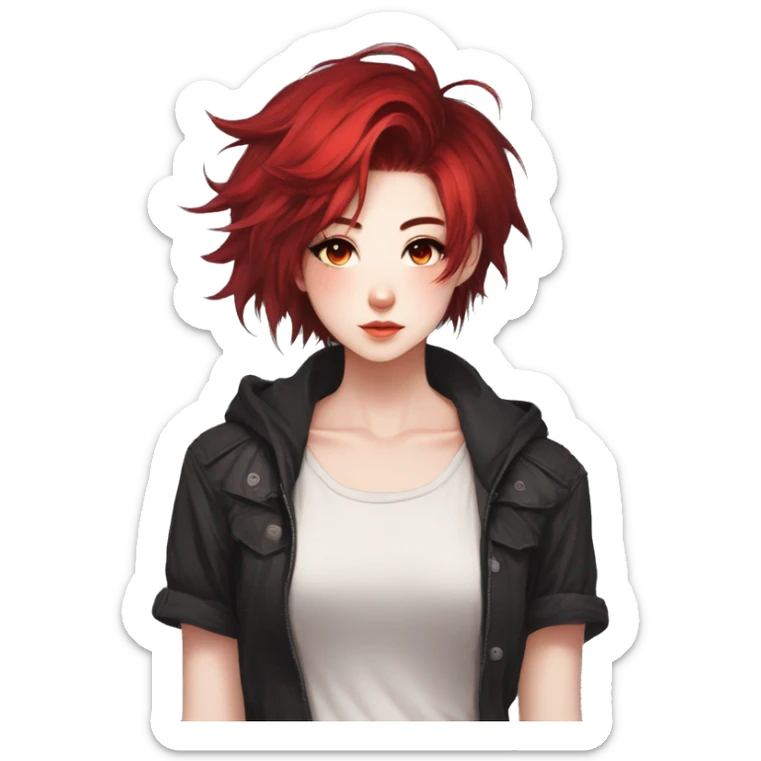 Gorgeous anime style tomboy-lady with blushing face aesthetic and pretty edgy black red punk hair with hair garment trending style sticker