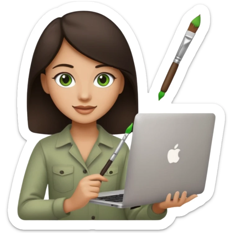 happy Graphic designer whit a MacBook, him eyes green color and dark brown hair, he is paint artist sticker