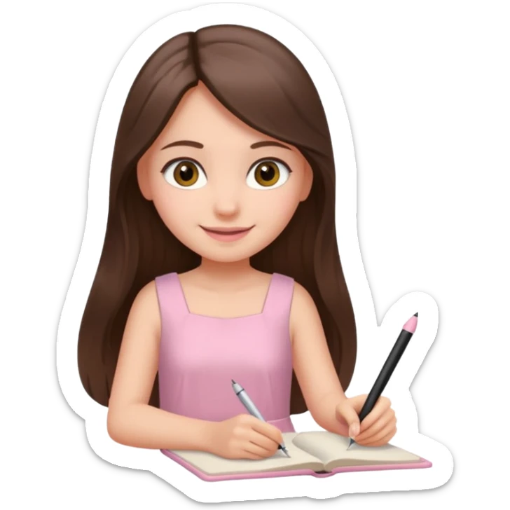 pretty smiling long brunette hair girl with hazel eyes wearing light pink dress writing sticker