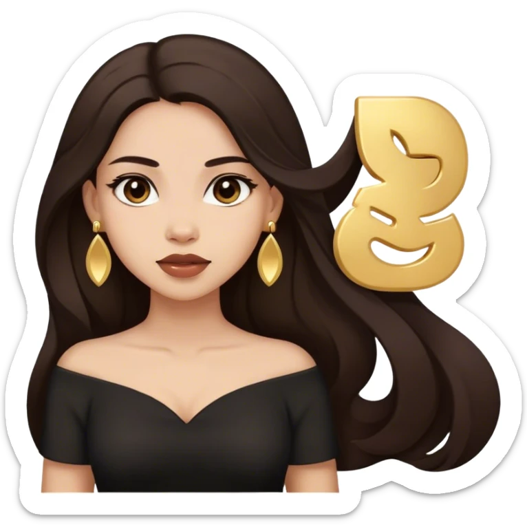 Beautiful woman,cute, long dark brown hair in dark dress with gold earrings sticker