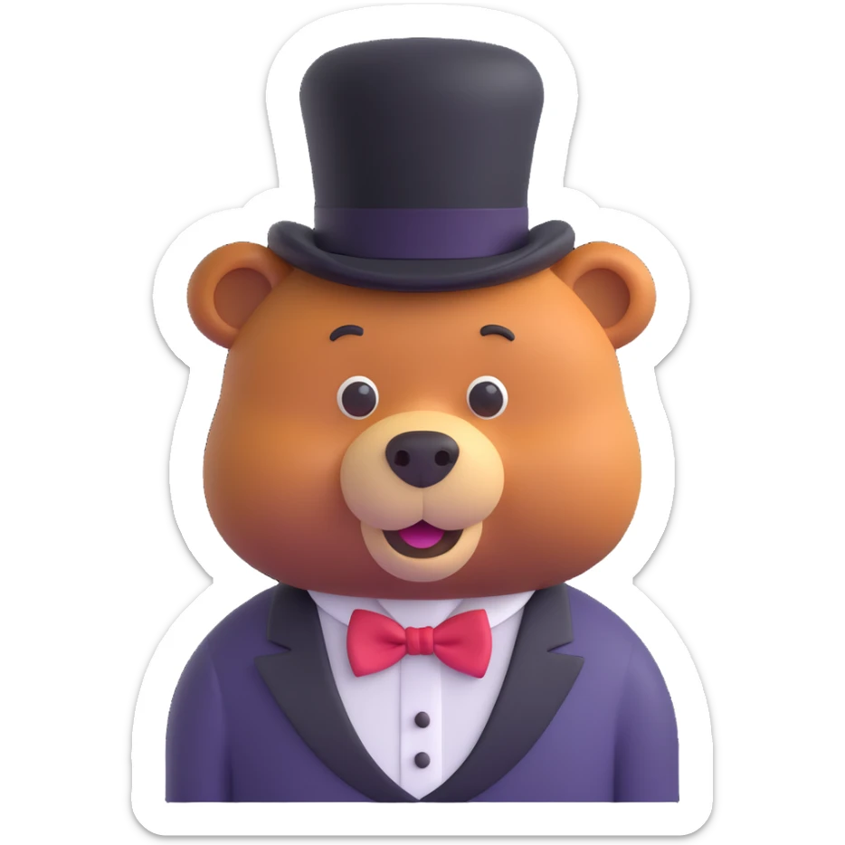 Freddy Fazbear from Five Nights at Freddy's, 3D emoji style, brown bear animatronic, black top hat, bow tie, simple background sticker