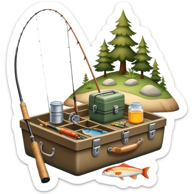 Icon for Fishing: a boat on the shore of a peaceful water body with a beautiful natural landscape, a fishing tackle box, a spinning rod. The icon should capture the tranquility and gear of a fishing adventure. Without frame. Transparent background. sticker