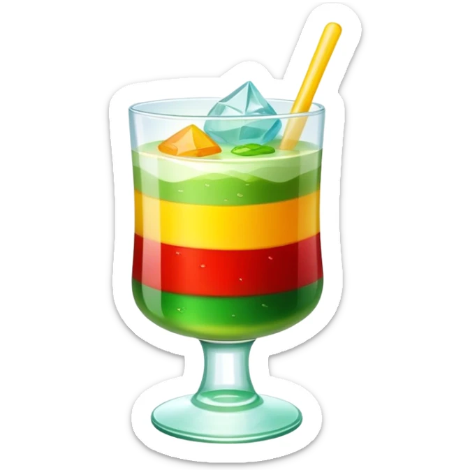 vietnamese dessert chè ba màu, three colored sweet soup, glass with green, yellow, and red layers, ice on top sticker