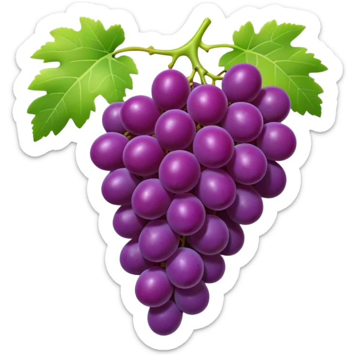 3D iPhone style emoji of a bunch of grapes, plump and shiny, purple color, attached to a small green stem, isolated on white background, soft shadows, high detail, playful and cute. sticker