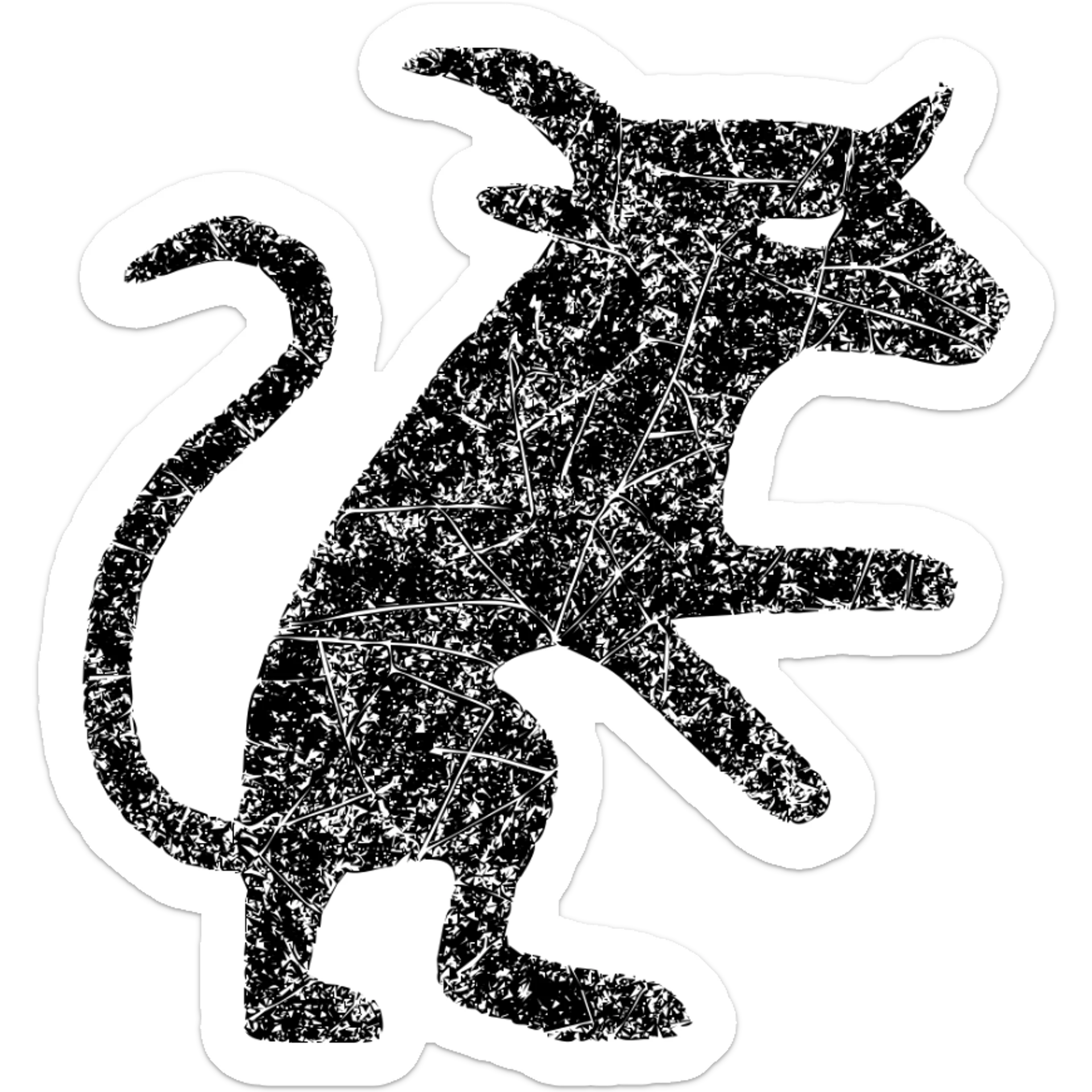 a highly abstract red icon of stoat-minotaur fusion with extensive scratches and deliberate wear, very minimal with most lines broken, incomplete outlines with numerous missing sections, extremely weathered and damaged appearance, ancient and worn look with multiple scrapes and faded areas sticker