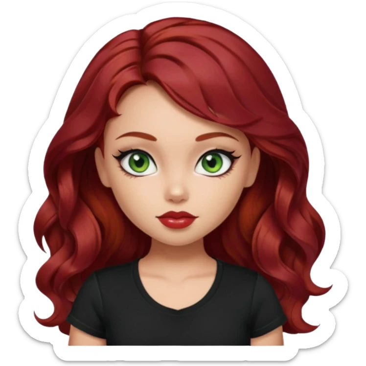 a pretty fair bratz girl with wavy dark red hair, wearing a black tee. eyeliner on, green eyes sticker