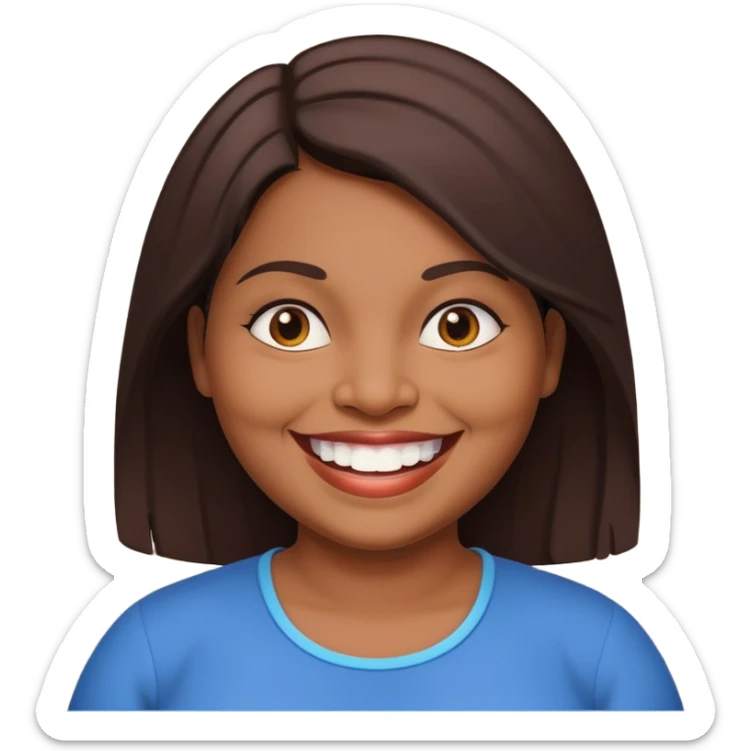 40 yr old chubby sri lankan woman, dark skin, straight brown hair, big smile, white teeth sticker