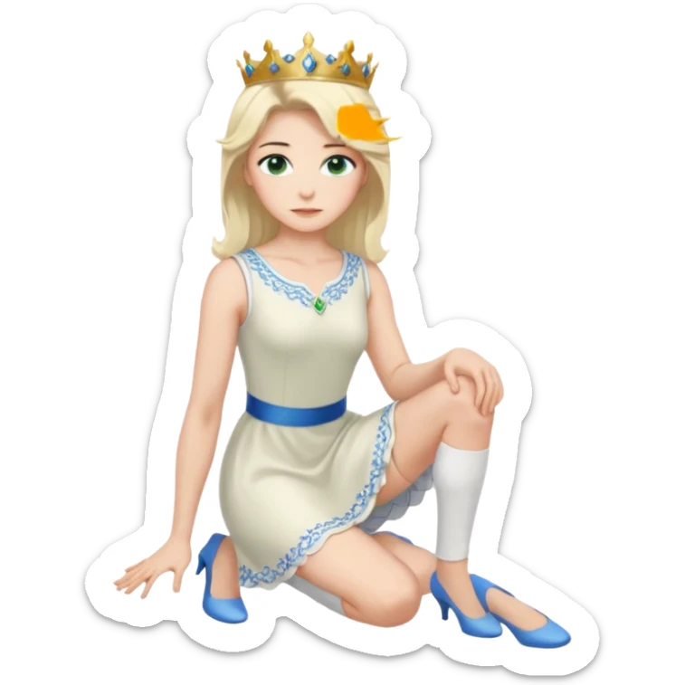 prince, upright, black Hair, blue eyes, garment,  Woman, bending knee, sleveless white dress, blonde hair, green eyes, sticker