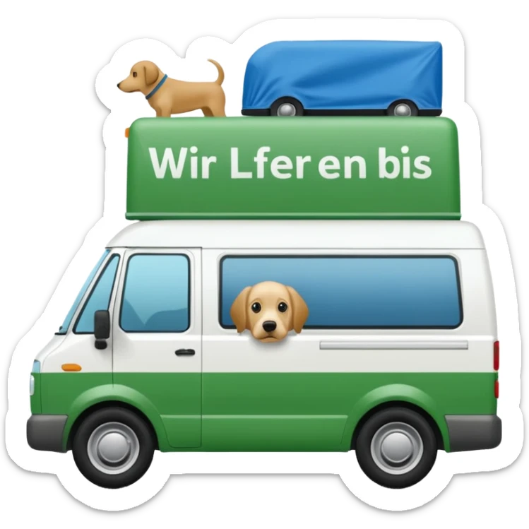 a white delivery van with green and blue color on the delivery van tarpaulin. Text: Wir liefern bis an die Türe. Ausser Ihr Hund ist dagegen" sticker