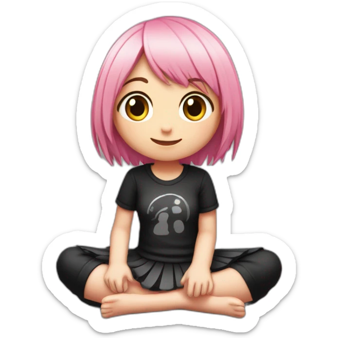 Full body Front view curvy emo girl pink hair sits on the floor straight view hands up black skirt белые трусики полосатые рваные чулки sticker