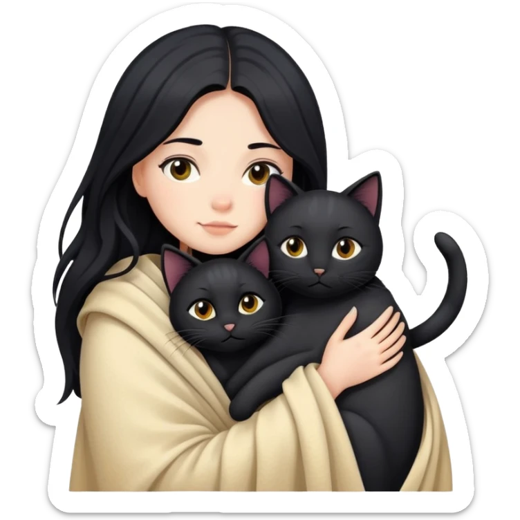 A girl with fair skin and long black hair wrapped in a blanket hugging a black cat sticker