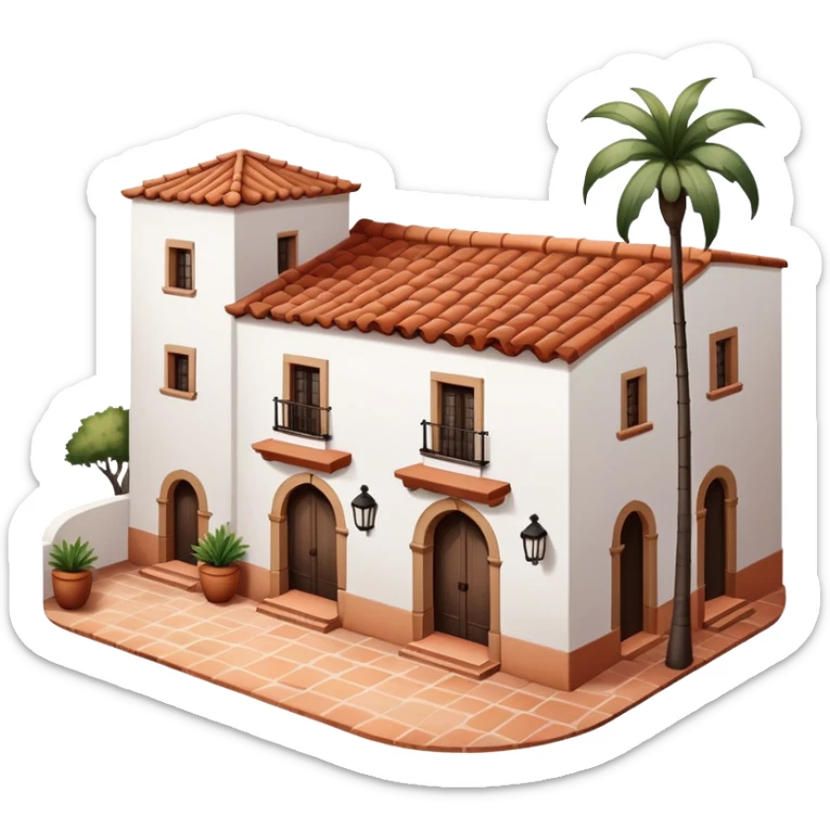 Traditional Spanish hacienda with white walls, terracotta roof, iron details, and small courtyard sticker