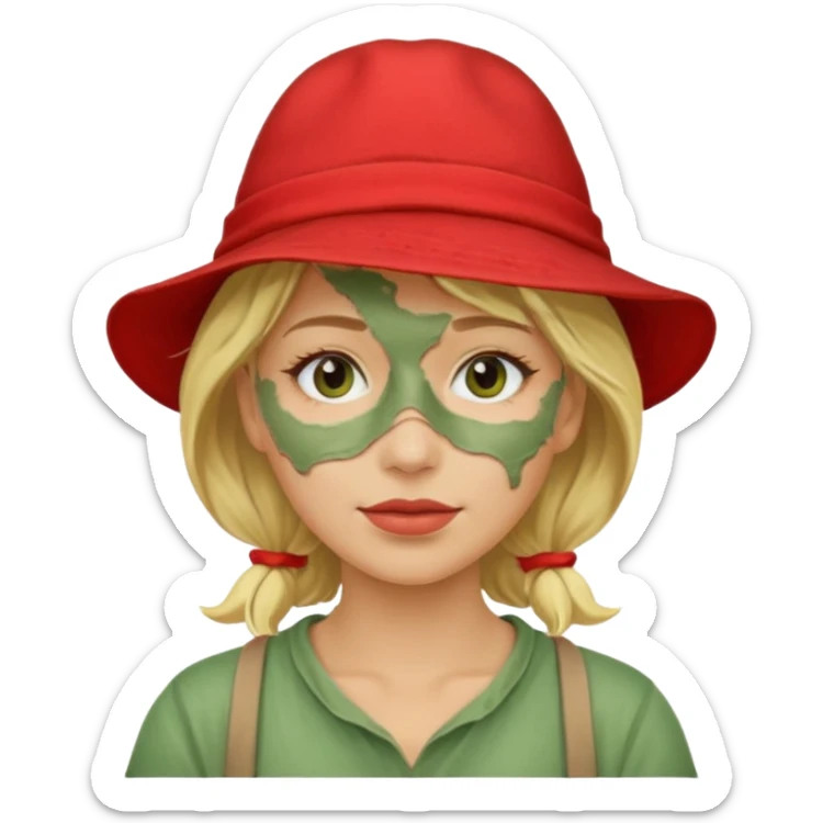 messy green clay mask and red tourist hat blond woman sticker