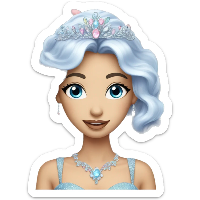 Gorgeous pastel Lady with dark hair blue eyes in a sparkly shiny dress with tiara and necklace and flowers behind her and trending  sticker